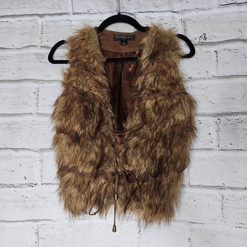 Bagatelle Faux Furr Brown Tie Front Vest Womens Small Mob Wife Lined